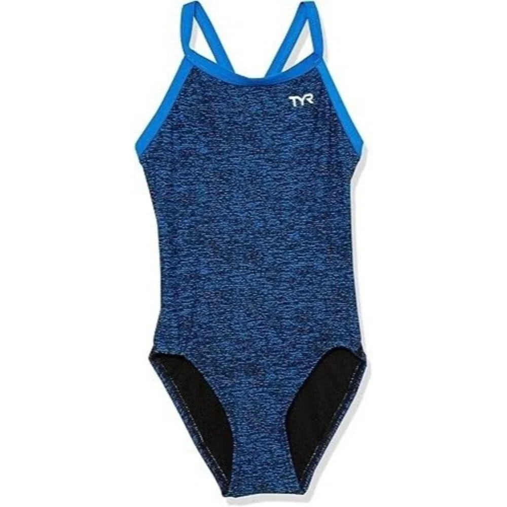 NWT TYR Girls' Durafast Elite Diamondfit Swimsuit One Piece Blue Lapped Size 24